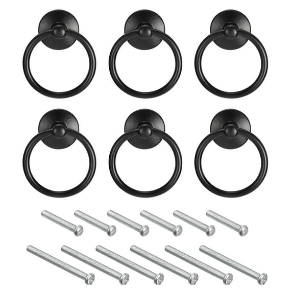 Uxcell Round Ring Pulls, 6Pcs Drawers Knobs Black Circle Drawer Handles Single Hole for Dresser Cupboard Wardrobe