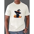 thumbnail image 1 of Halloween T-Shirt - Cute Black Cat Witch Hat with Pumpkin Design - Lightweight Summer Short Sleeves, Everyday Casual Wear - Machine Washable Pattern Shirt, Seasonal Fashion, 1 of 6