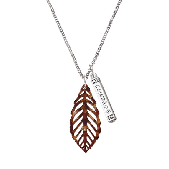Delight Jewelry Acrylic Large Leaf Pearly Brown Silvertone Courage Strength Wisdom Honesty Bar Charm Necklace, 23"