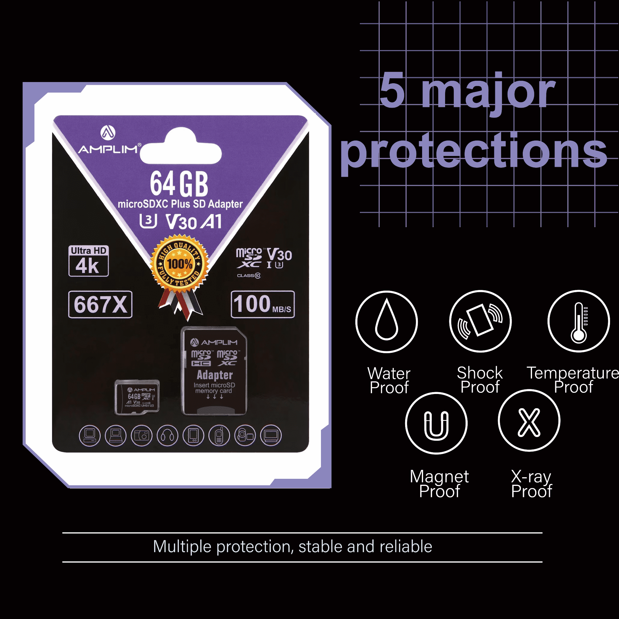 Amplim Micro SD Card 64GB | MicroSD Memory Plus Adapter | A1 MicroSDXC U3 Class 10 V30 UHS-I for Nintendo, GoPro Hero, Surface, Phone, Camera Cam, Tablet | Purple