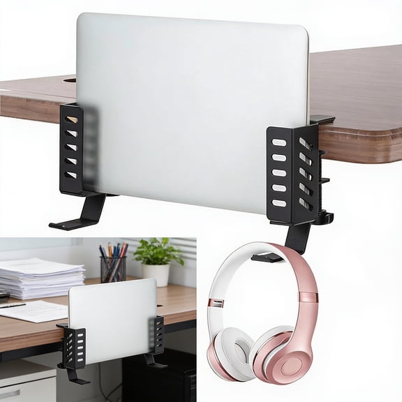 Desk-Side Vertical Laptop Stand with Clamp-On Mount, No-Drill Hanging Under-Desk Organizer for Laptops, Tablets and Keyboards, Black, 2-Pack