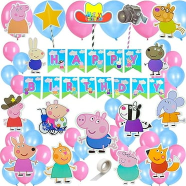 58 Pcs Peppa Theme Decoration Happy Birthday Pig Banner 1st Decoration Items Cartoon Cutouts for Photoshoot Props & Cake Topper (Pack of 58, Multicolor)