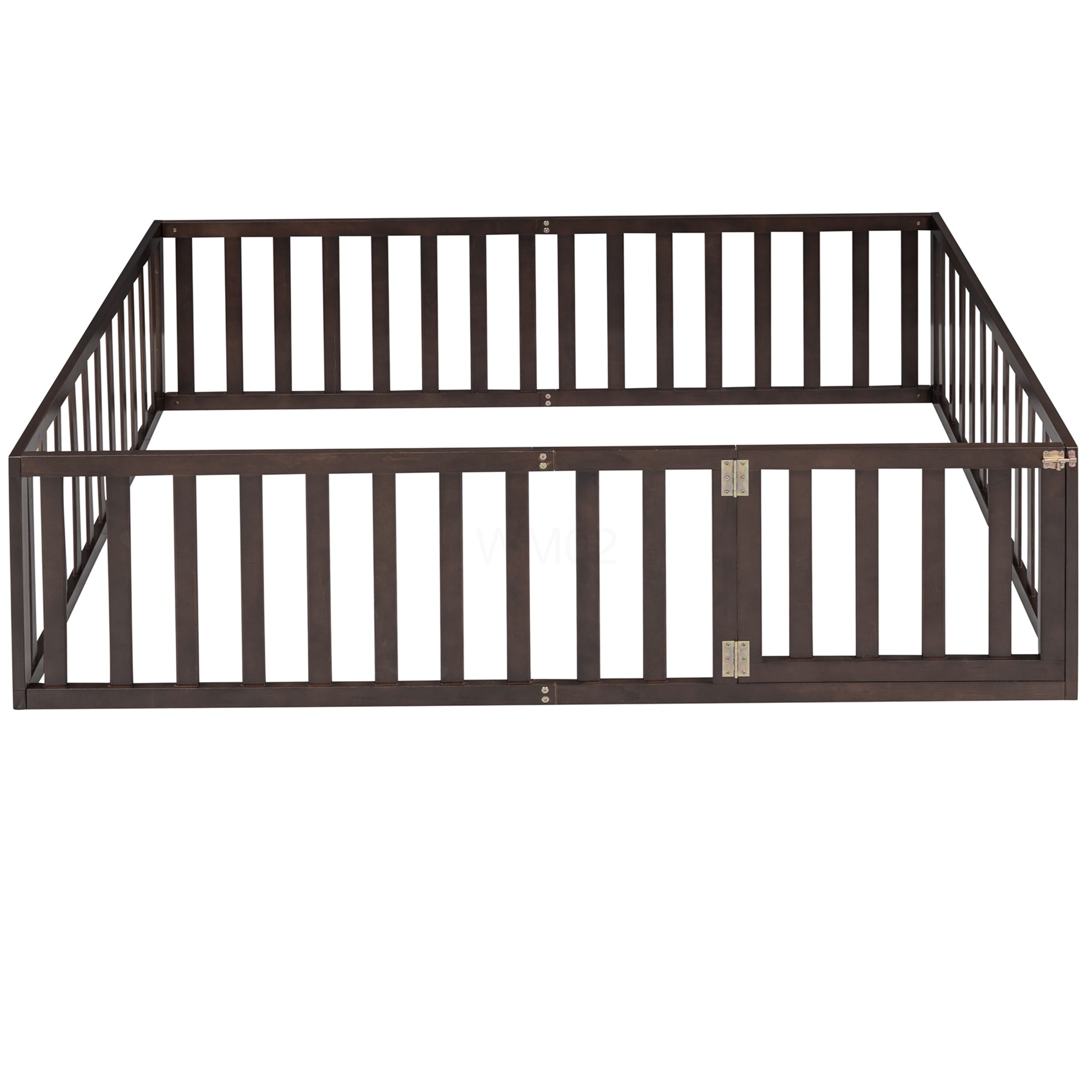 Full Size Floor Bed Frame with Safety Gate, Low Profile Platform Bed with Fence, Solid Pine Wood, Walnut Finish