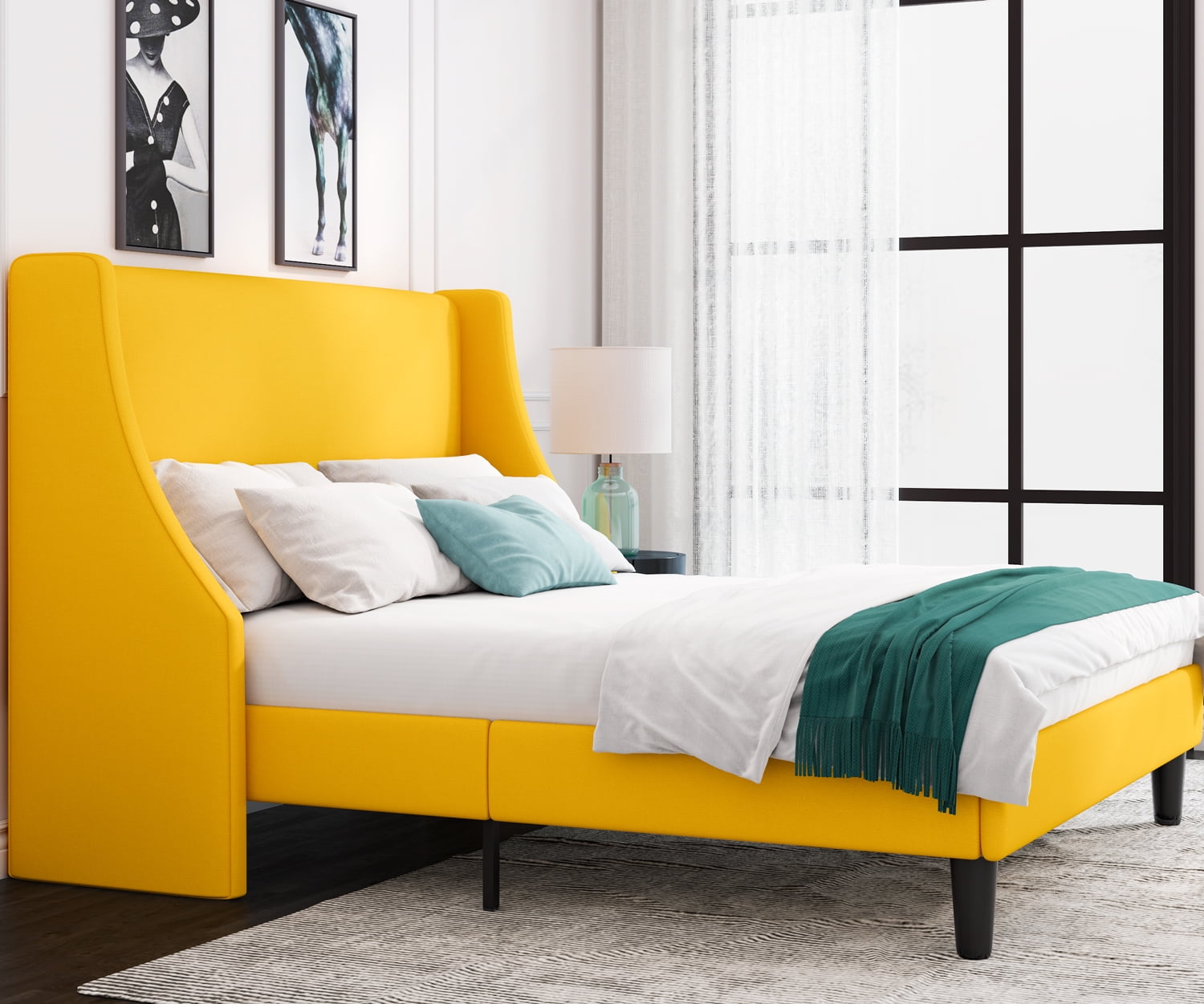 Allewie Queen Size Wingback Headboard Modern Platform Bed, Light Yellow