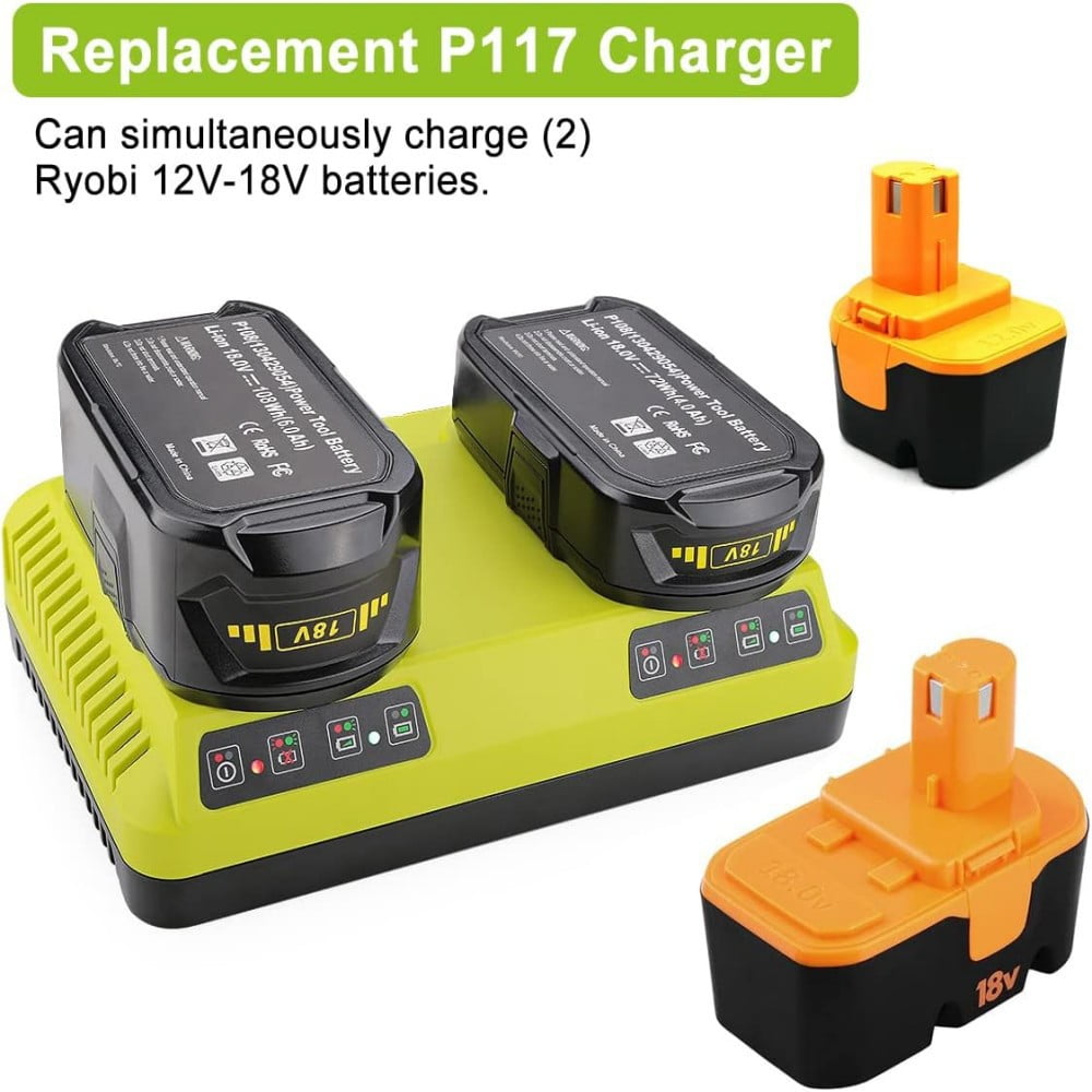 P117 Dual Chemistry 18V Li-ion & Ni-cad Ni-Mh 12V-18V Charger for Ryobi One+ Plus Battery P100 P101 P102 P103 P105 P107 P108 1400670