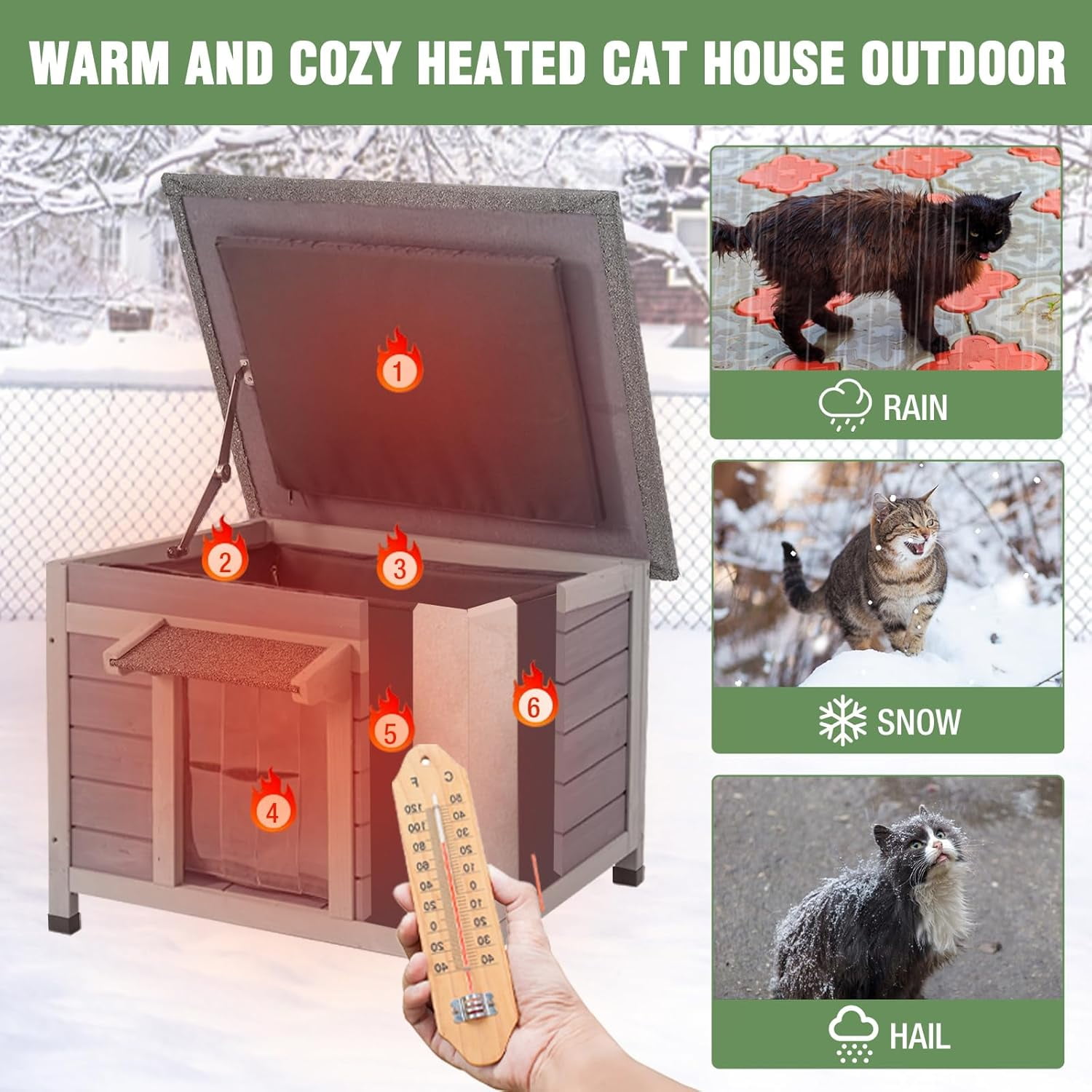 MEDEHOO Heated Outdoor Cat House with Heating Pad, Weatherproof Cat Shelter, Feral Cat House with Insulated Liner for Keep Warm in Winter