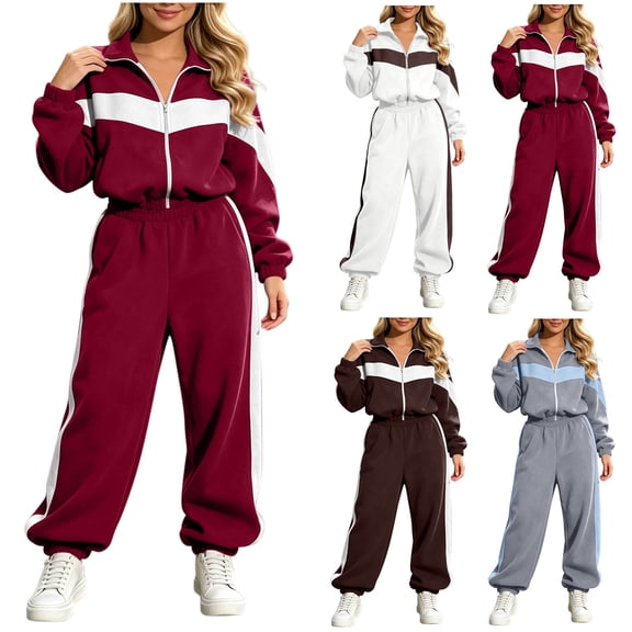 Smupbvky Tracksuits for Women Set 2 Piece Collared Color Block Zip Jacket Long Sleeve Jogger Pants Casual Fall Outfits (XL, Wine)