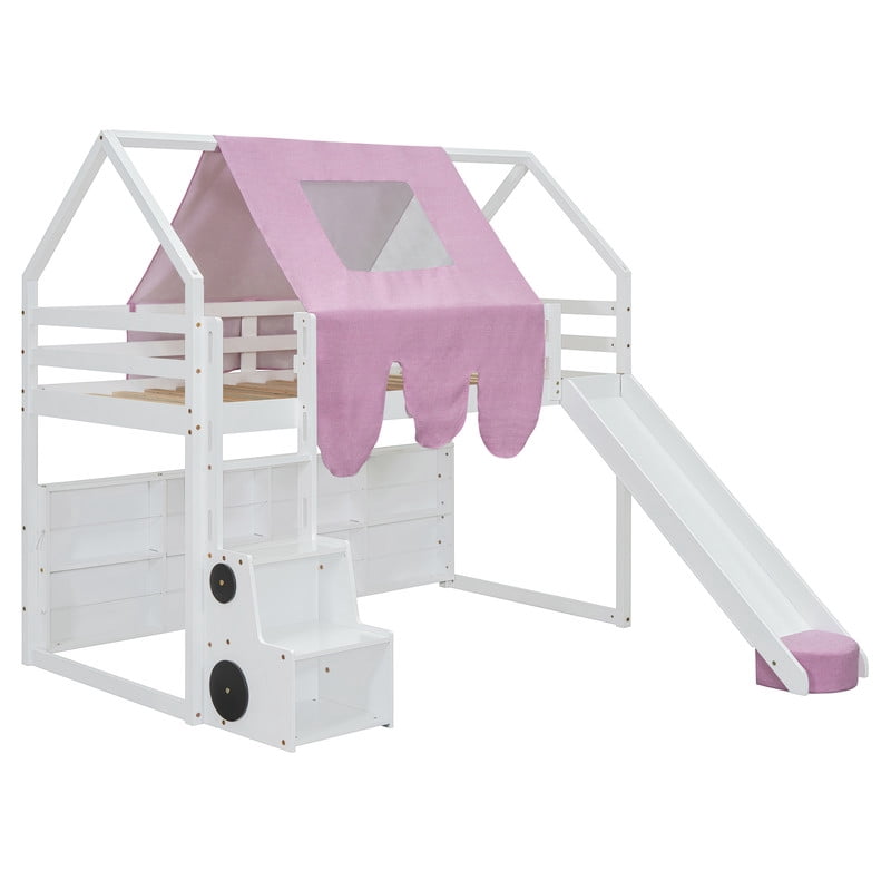 Twin Size Wooden Loft Bed with Slide and Ladder, House-Shaped Loft Bed Frame with Tent, Storage Shelves and Car-Shaped Storage Cabinet, Kids Playhouse Bed with Safety Handrails