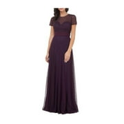 JS COLLECTIONS Womens Purple Beaded Zippered Pleated Short Sleeve Crew Neck Full-Length Evening Fit + Flare Dress 8