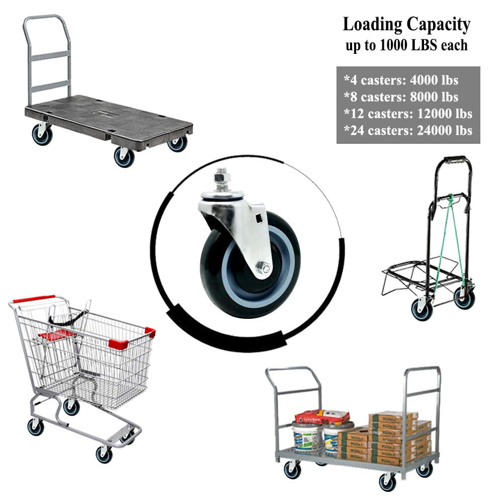 SY America 5" 2 Pack Polyurethane Stepped and Full Tread Face w/Double Ball Bearing Shopping Cart Caster Wheel with Bolts 500 lbs Total Capacity (5 inches Pack of 2, Dark Gray)