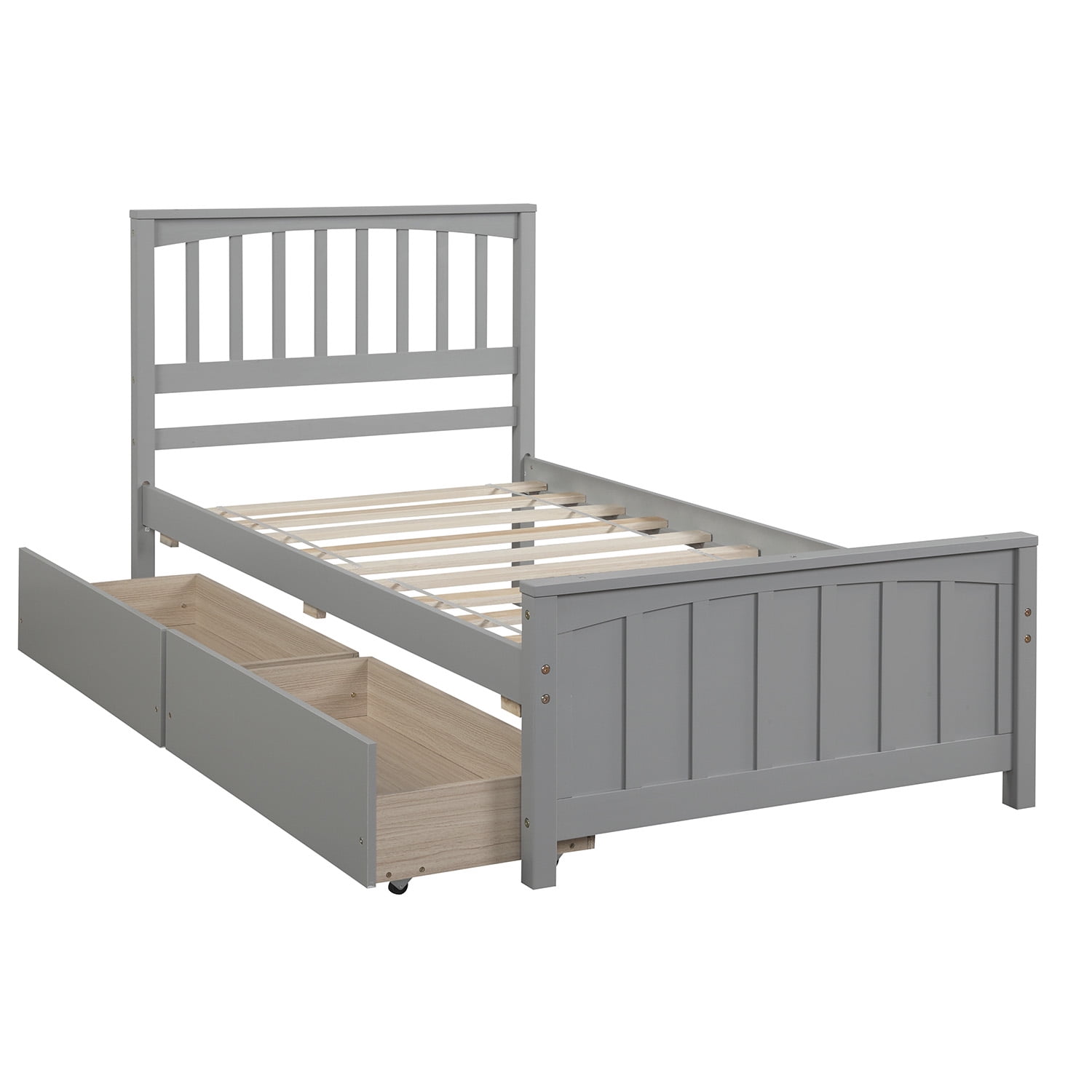 Gewnee Wood Twin Size Platform Bed with Headboard and 2 Storage Drawers for Kids,Gray