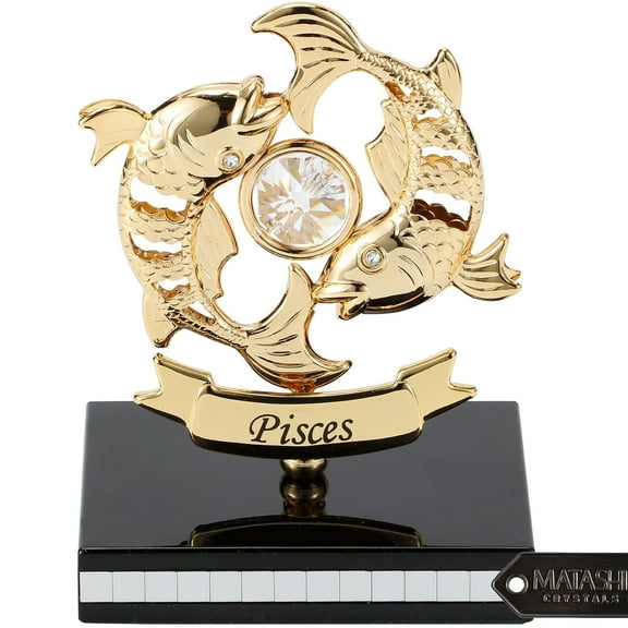 Matashi 24K Gold Plated Pisces Zodiac Figurine with Crystal Accents Astrological Decorative Tabletop Display – Single Piece