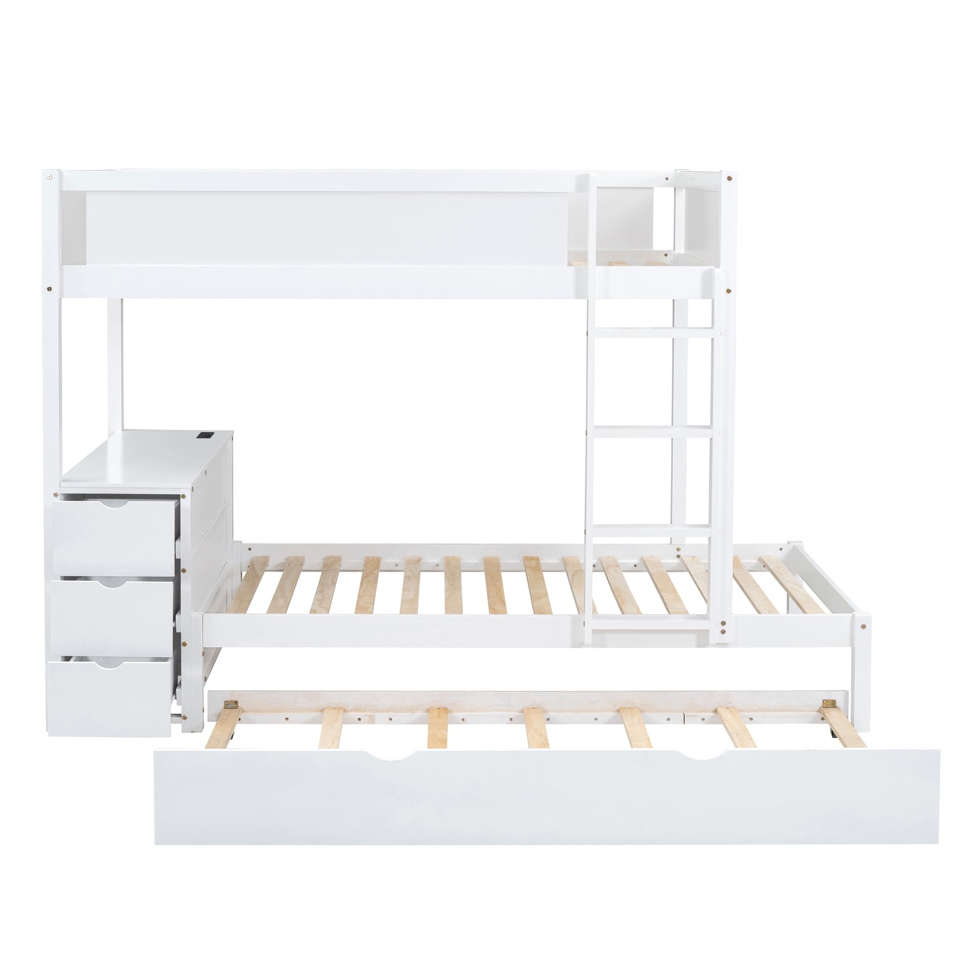 Aukfa Twin Over Twin Bunk Bed with Trundle and USB Charging Station, Wood Bed Frame with Build-in Desk&Storage Drawers for Kids Bedroom, White