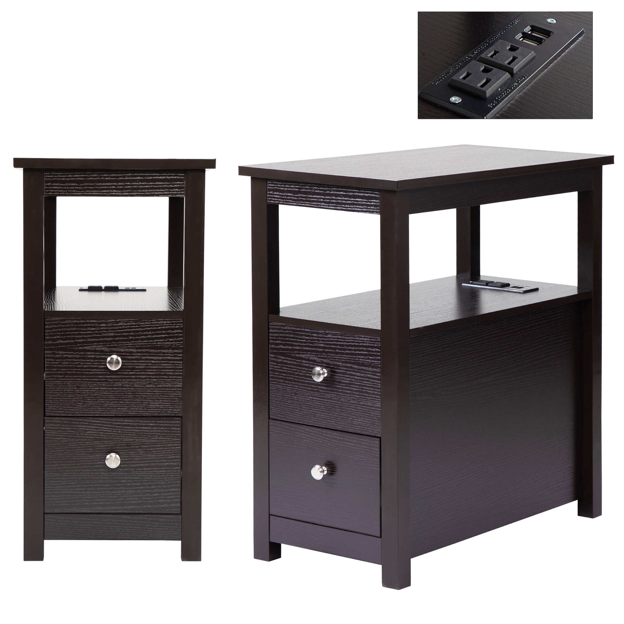 Set of 2 Side Table with Drawers and Charging Station, Sesslife Wood