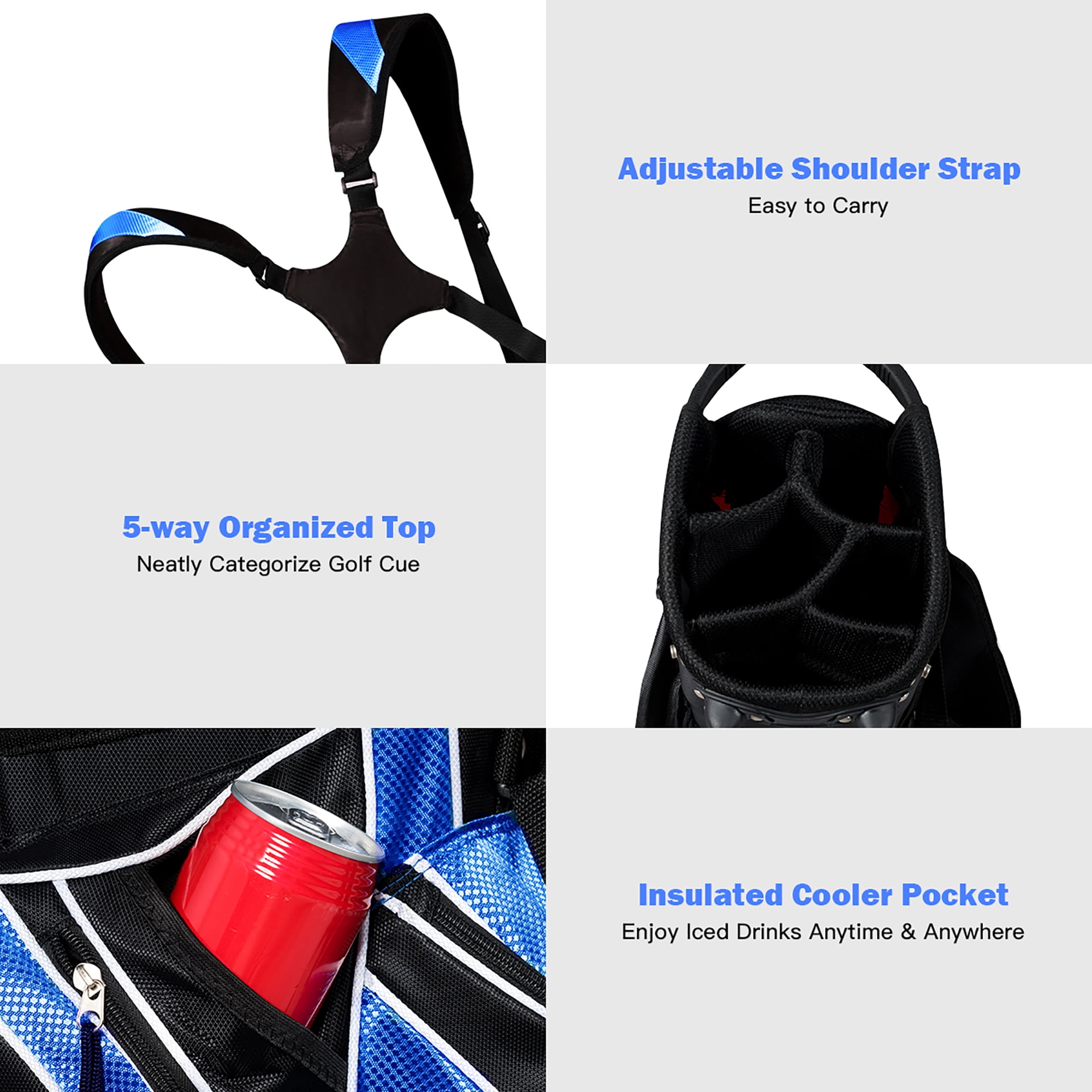 Costway Golf Stand Cart Bag Club w/6 Way Divider Carry Organizer Pockets Storage Blue