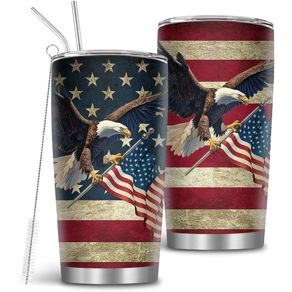 American Flag Tumbler, American Hawk Tumbler, 20 Oz USA Flag Tumblers with Brush & Straw, Gift for Independence Day Thanksgiving Christmas, America Gifts for Veterans & Military, 1 PCS