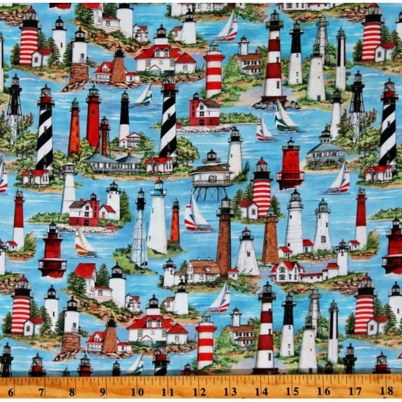 Cotton Lights of Hope Lighthouses Water Ocean Seas Lakes Nautical Trees Rocks Blue Cotton Fabric Print by the Yard (43001-BLUE)