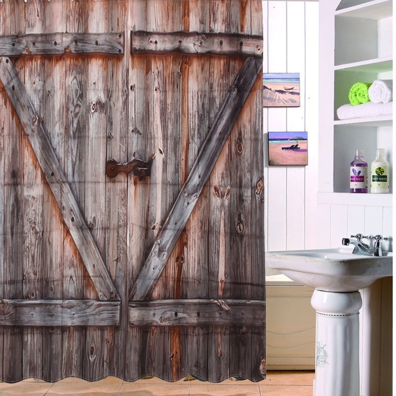 Brown Barn Wooden Door Shower Curtain Bathroom Decor Fabric & 12hook 71in 