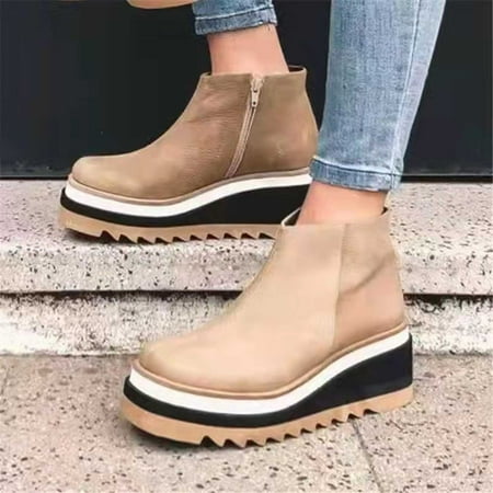

Bnwani Boots for Women Slope Heel Large Size Boots For Boots Thick Soled Thick Short Boots Shoes Home Khaki 8.5