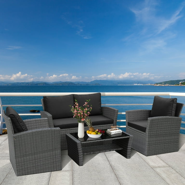 Patiojoy 4 Piece Rattan Wicker Patio Outdoor Furniture Sofa Set