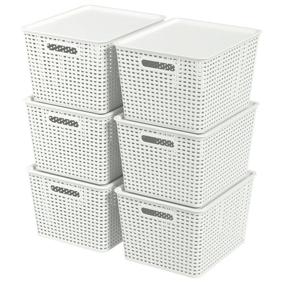 Wekioger 6-Pack Large Plastic Weave Storage Basket with Lid, Lidded Organizer Baskets Bin, White