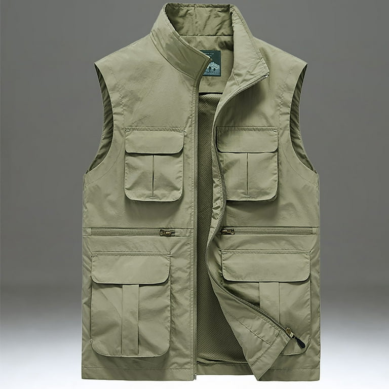 Ryrjj Men's Outerwear Vests Casual Outdoor Work Hiking Fishing Vest Lightweight Travel Photo Cargo Vest Jacket with Multi-Pockets(Khaki,XXL), Size