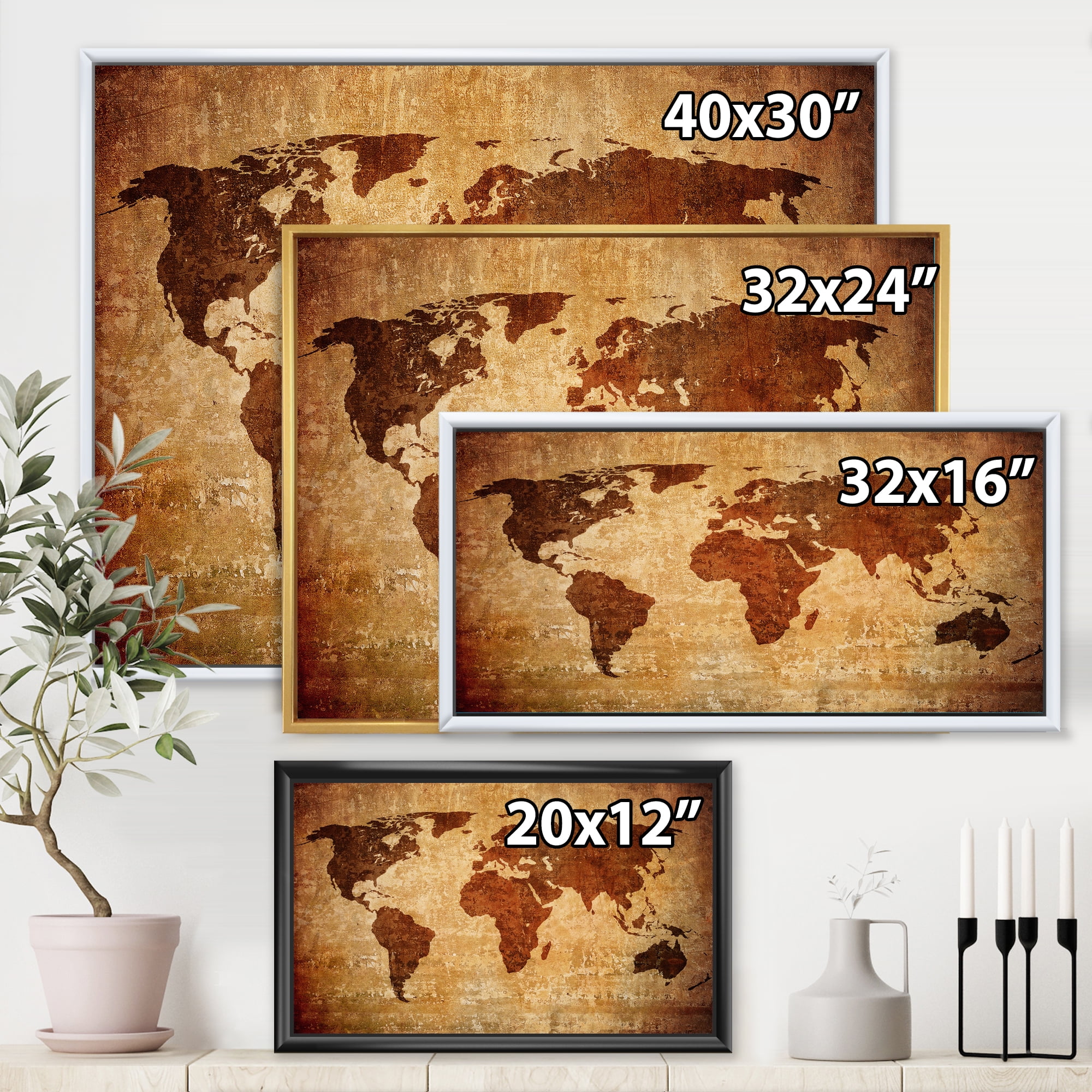 Designart 'Ancient World Map XI' Vintage Framed Canvas Wall Art Print
