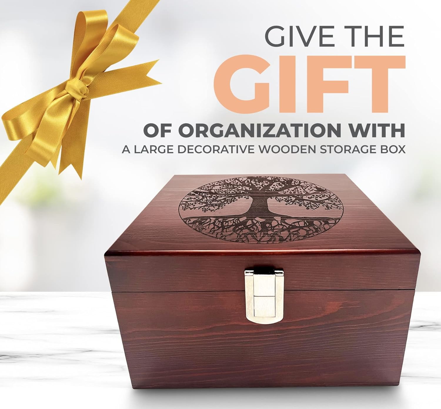 Tree of Life Large Wooden Decorative Box - Handcrafted Keepsake Storage with Hinged Lid and Metal Latch for Jewelry Photos