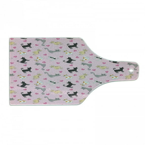 Kitty Cutting Board, Cats in Different Colors and Patterns Among Pink Hearts Resting Happy Stretching, Decorative Tempered Glass Cutting and Serving Board, Wine Bottle Shape, Multicolor, by Ambesonne