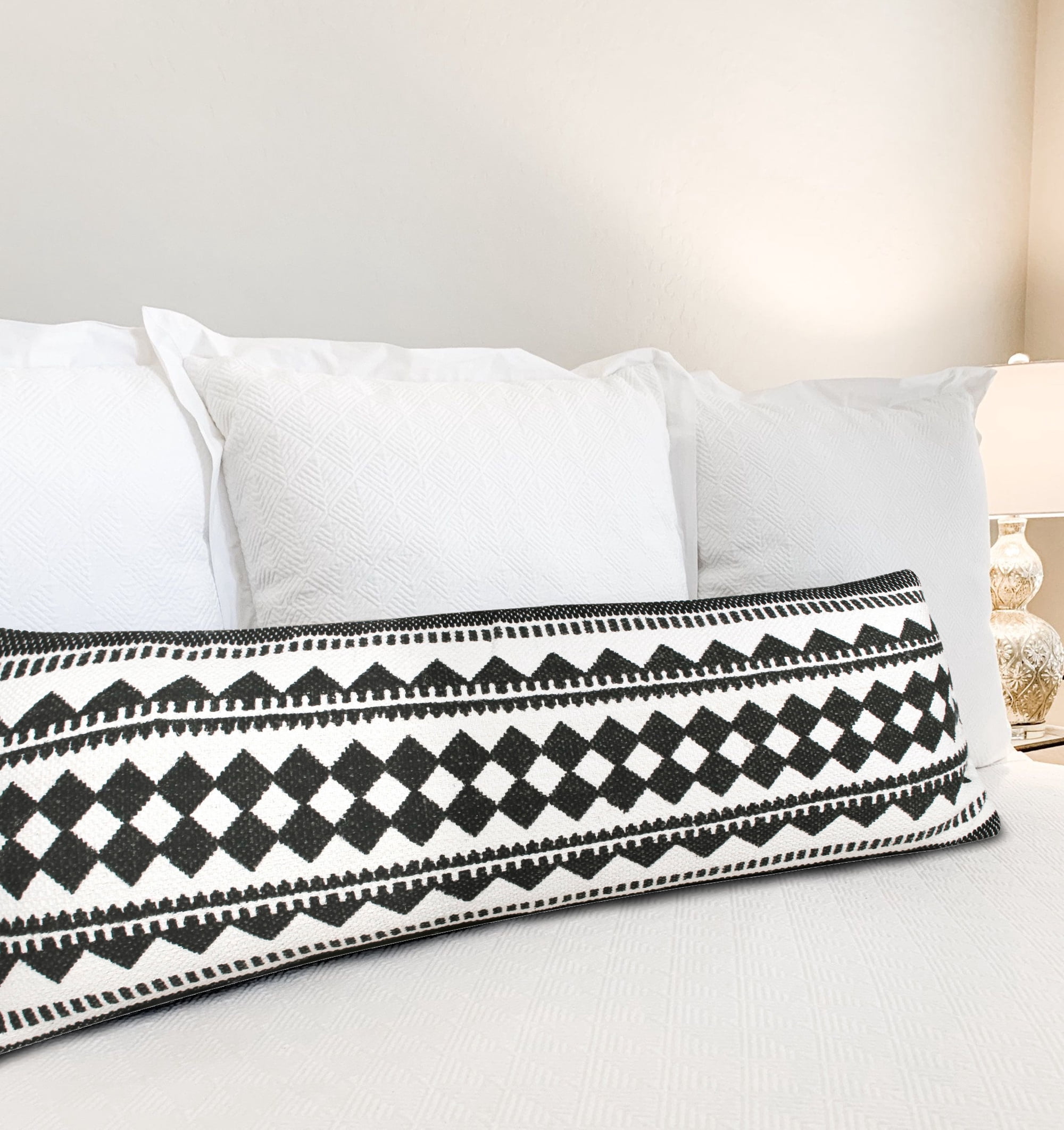 Desert Fields Naomi 14" x 36" Black/White Boho Stripe Cotton Blend Adult Lumbar Throw Pillow