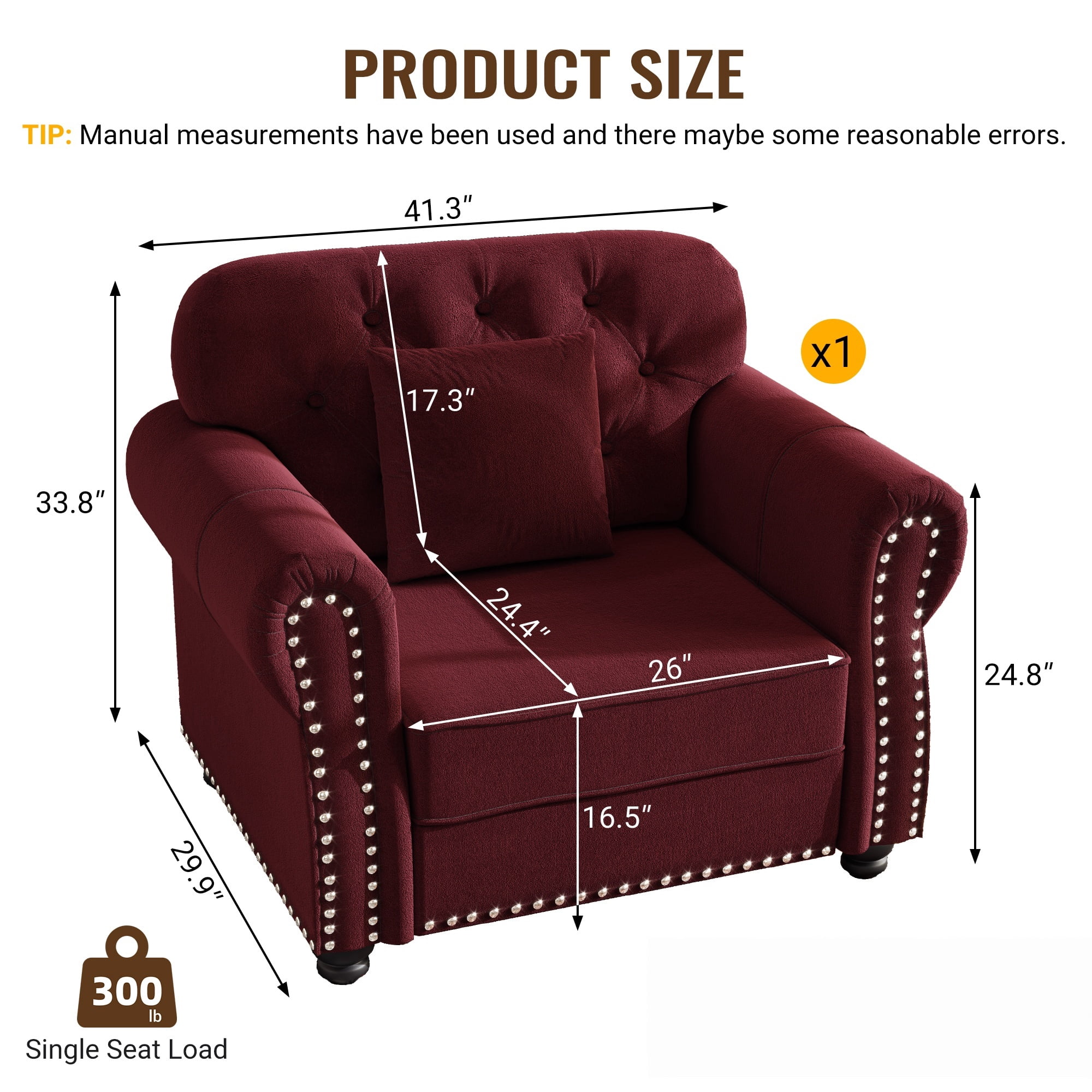 1PCS Upholstered Velvet Single Accent Sofa Chair with Nailhead Trim & Rolled Armrests, Mid-Century Modern Chesterfield Sofa with Pillow