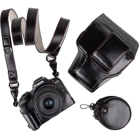Protective Case for Canon EOS R50/R100 Camera and 18-45mm Lens, PU Leather EOSR50 R100 Camera Bag Including Half Case, Flip Cover, Shoulder Strap and Storage Pocket