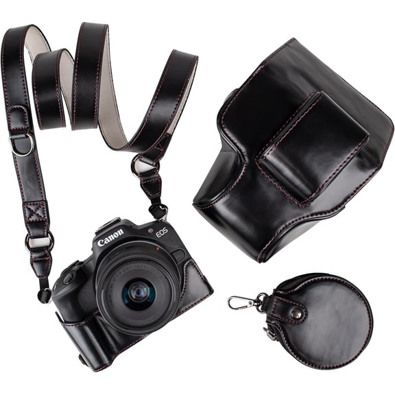 Protective Case for Canon EOS R50/R100 Camera and 18-45mm Lens, PU Leather EOSR50 R100 Camera Bag Including Half Case, Flip Cover, Shoulder Strap and Storage Pocket