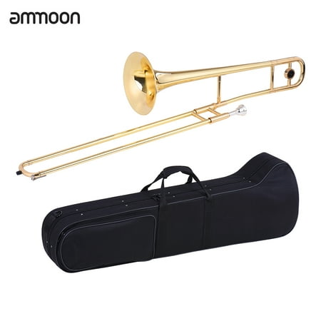 ammoon Alto Trombone Brass Gold Lacquer Bb Tone B flat Wind Instrument with Cupronickel Mouthpiece Cleaning Stick (Best Media For Cleaning Brass Cases)