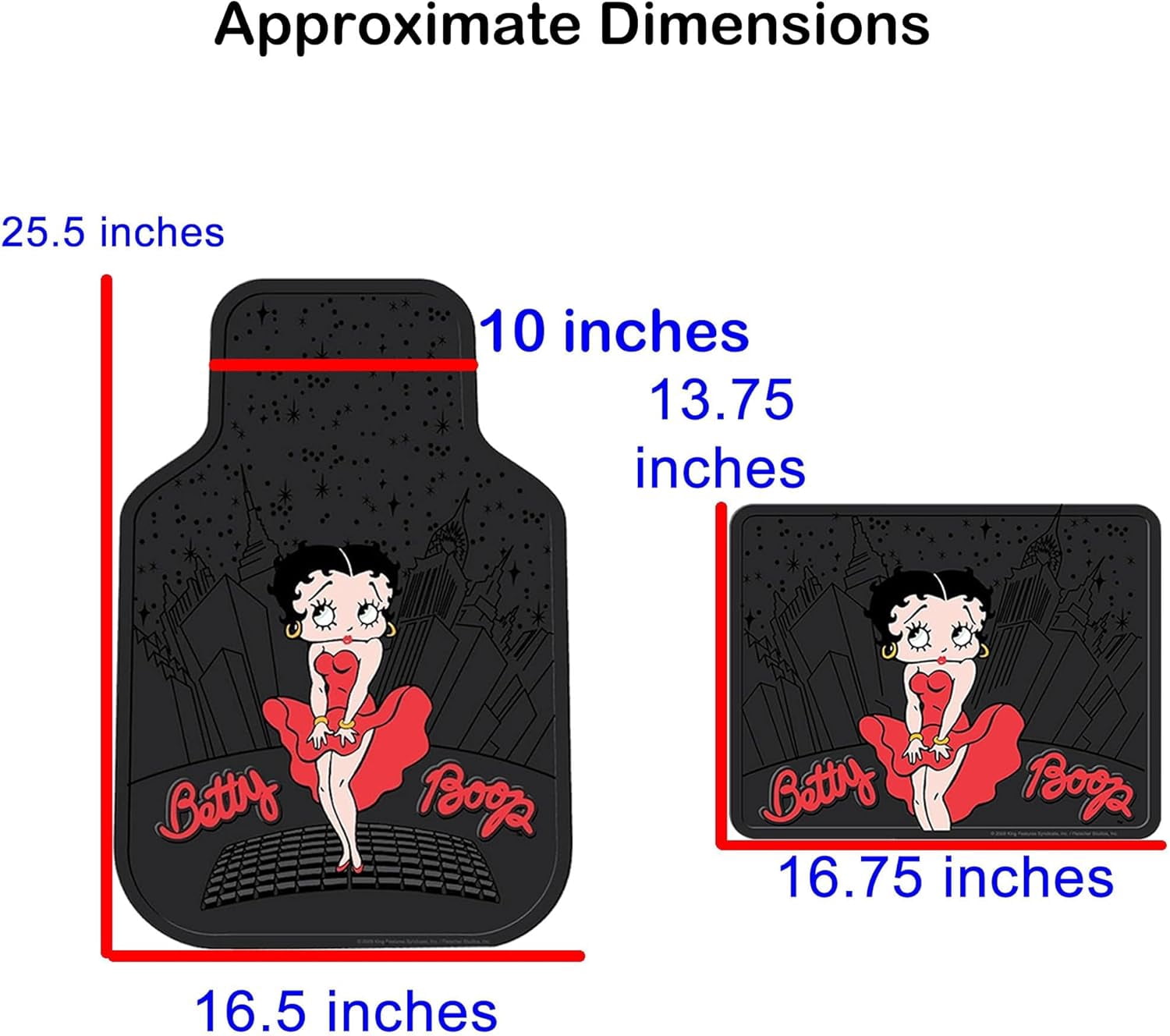 7PC Betty Boop Gift Set: 2 Lowback Seat Covers, 2 Front Floor Mats, 2 Rear Floor Mats, and 1 Steering Wheel Cover. - Betty Boop