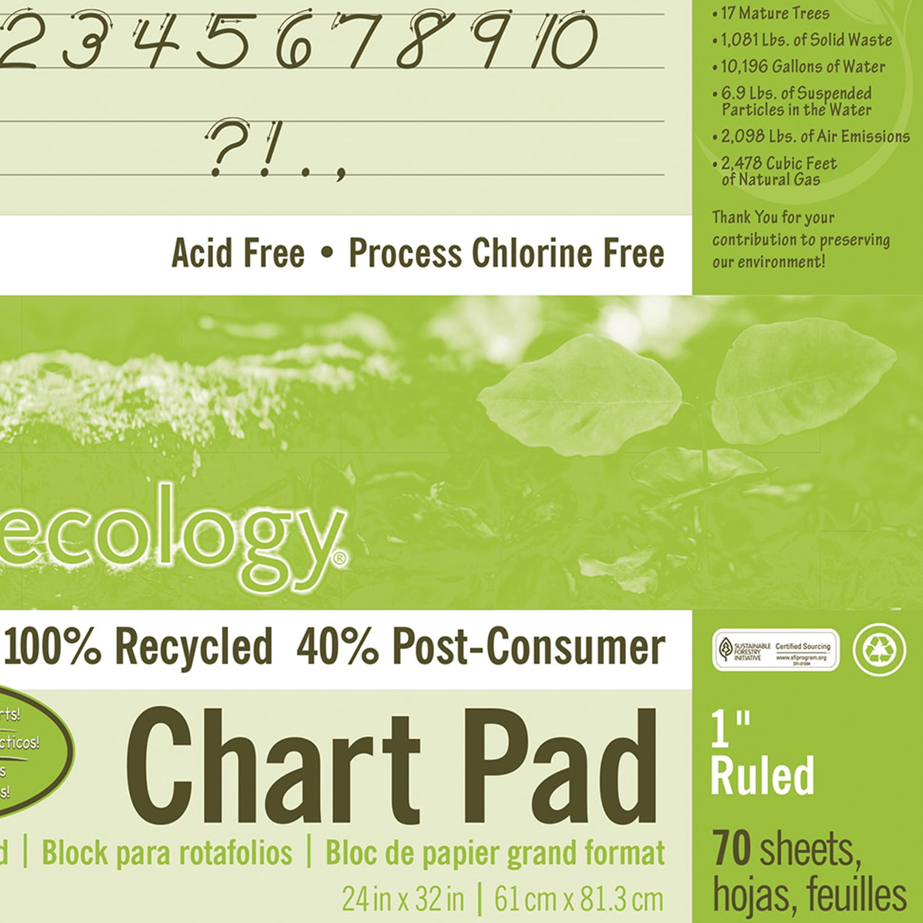 Ecology Recycled Chart Pad, Cursive Cover, 1" Ruled, 24" x 32", 70 Sheets