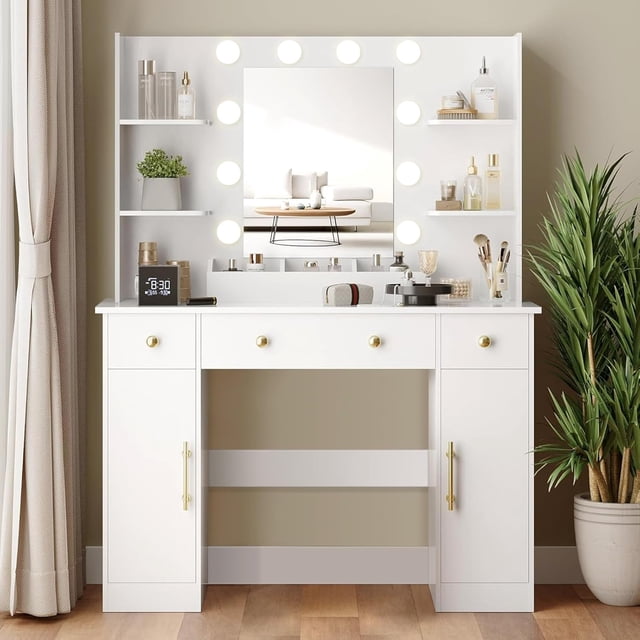 Tocador con 3 Cajones y 2 Gabinetes, Tocador con 6 Estantes Abiertos, Tocador de Maquillaje con Espejo y Lámpara, Tocador de Dormitorio 3 Modos de Iluminación Brillo Ajustable,Blanco
