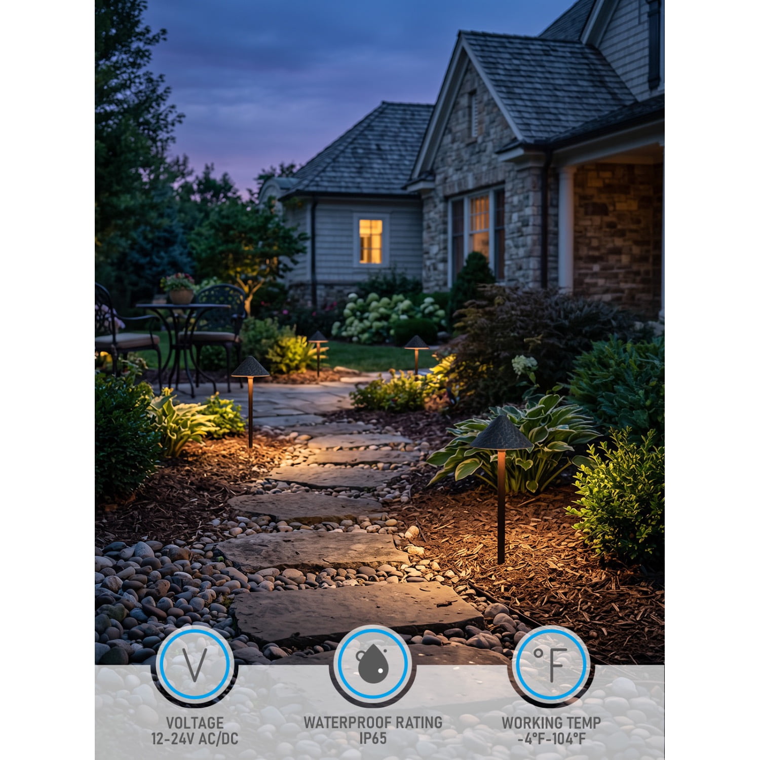 12 Pack 12-24V AC/DC 3W 5CCT LED Landscape Lights, Waterproof Pathway Lights, Rustic Style, Aluminum Housing, CRI90+, ETL Listed, 1800K/2700K/3000K/4000K/5000K Selectable