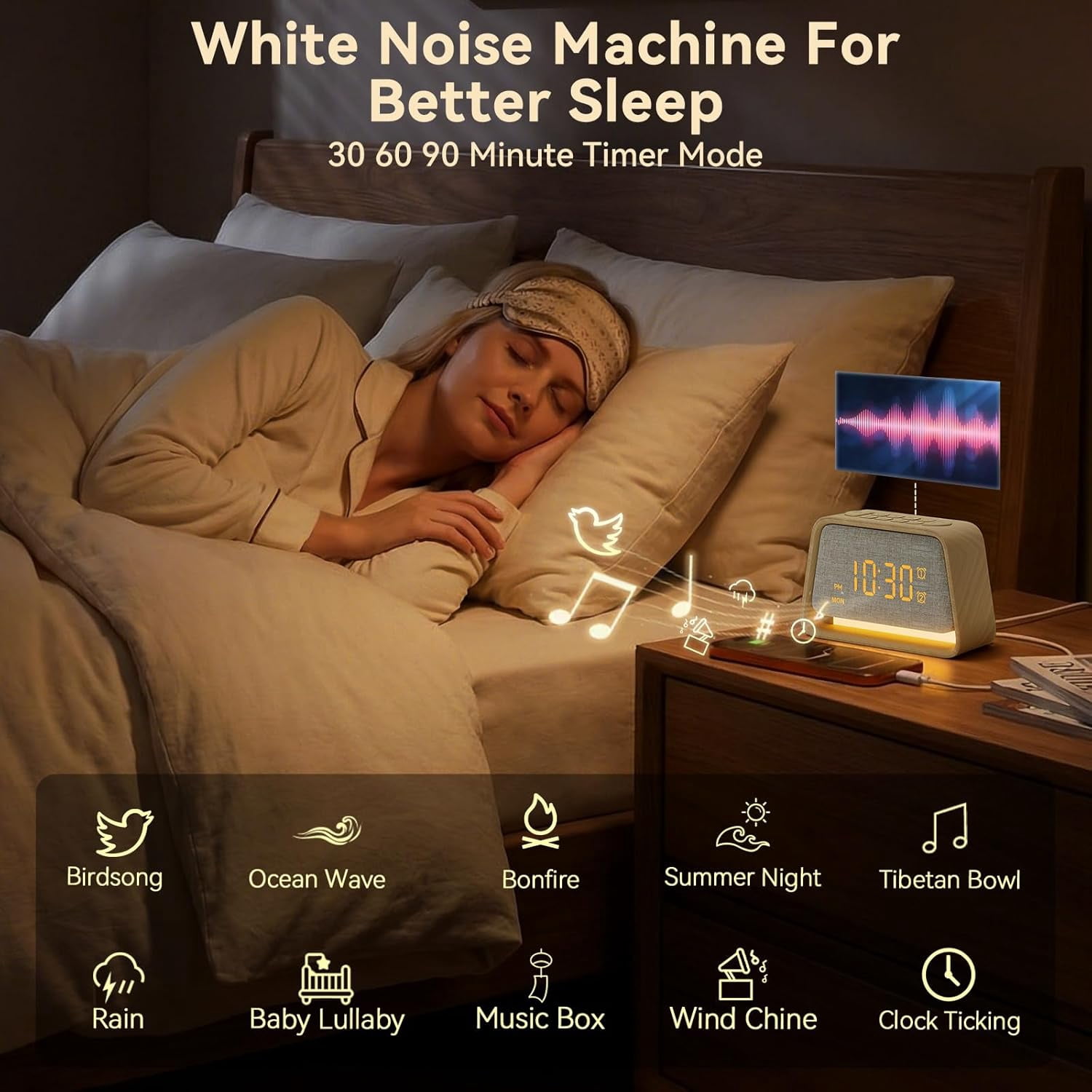 Sunrise Alarm Clock with Wake Up Light, White Noise Sound Machine, 10 Soothing Sounds, Dual Alarms, Dimmable Night Light for Bedroom