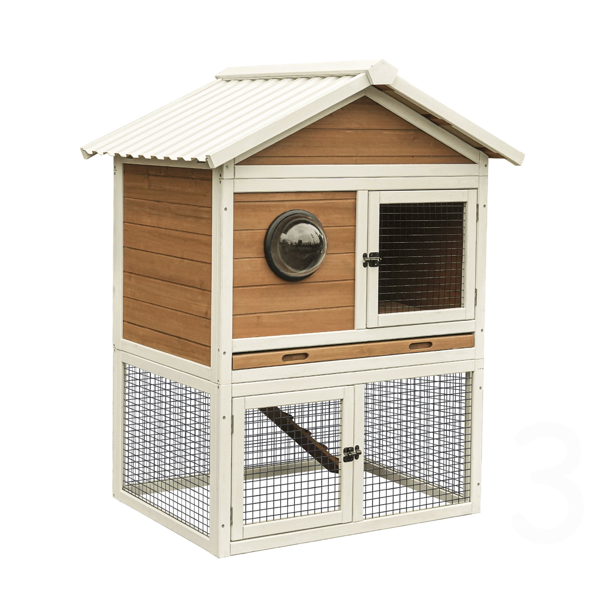 Outdoor Wooden Rabbit Hutch with Run and Pull-Out Tray, Two-Story Small Animal Cage for Rabbits and Guinea Pigs, White and Red Finish
