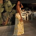 thumbnail image 6 of Womens Standard Gold Foil Print Maxi Slip Dress Elegant V-Neck Spaghetti Strap Backless Gown, 6 of 8
