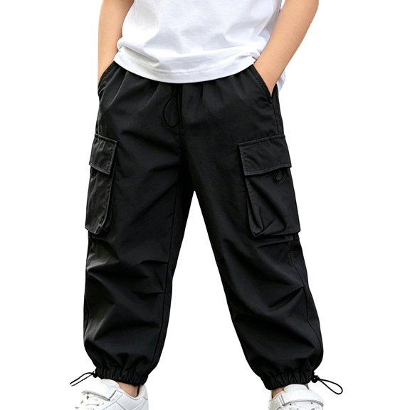 Boys' Lightweight Cargo Pants, Adjustable drawstring cuffs and functional side pockets, flexible for various daily scenes, 2-15 Years Black 5-6 Years