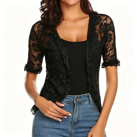Blmnix Lace lnsert Womens Jacket Womens Summer Jacket Convertible Pull-On Spring Jackets Coats Short Sleeve Black Cocoon Womens Jackets Casual