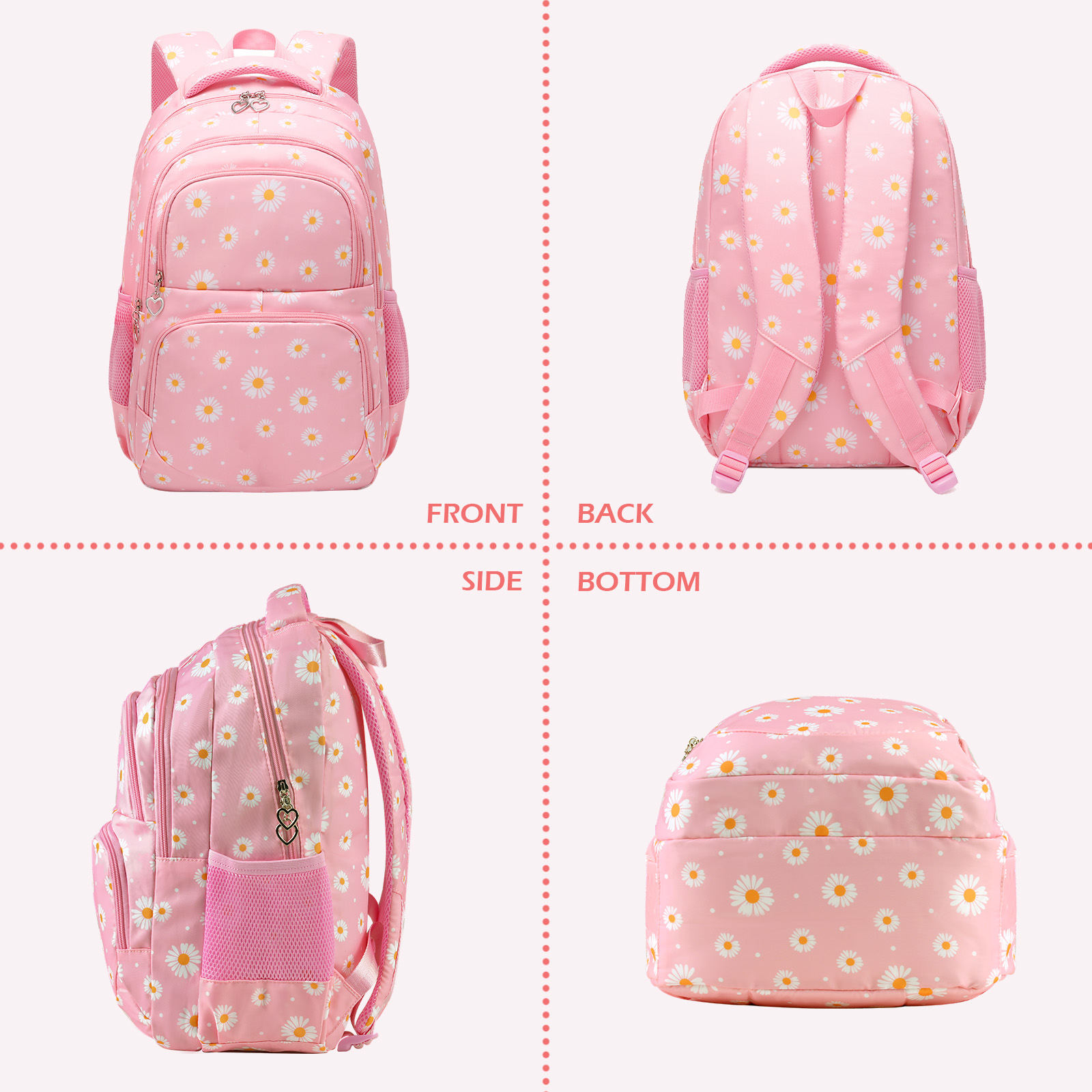 Set de Mochila Teen Forestfish con Lonchera Aislada y Cartuchera, Mochila Escolar de Nylon Resistente al Agua (Daisy A/Rosa) 4