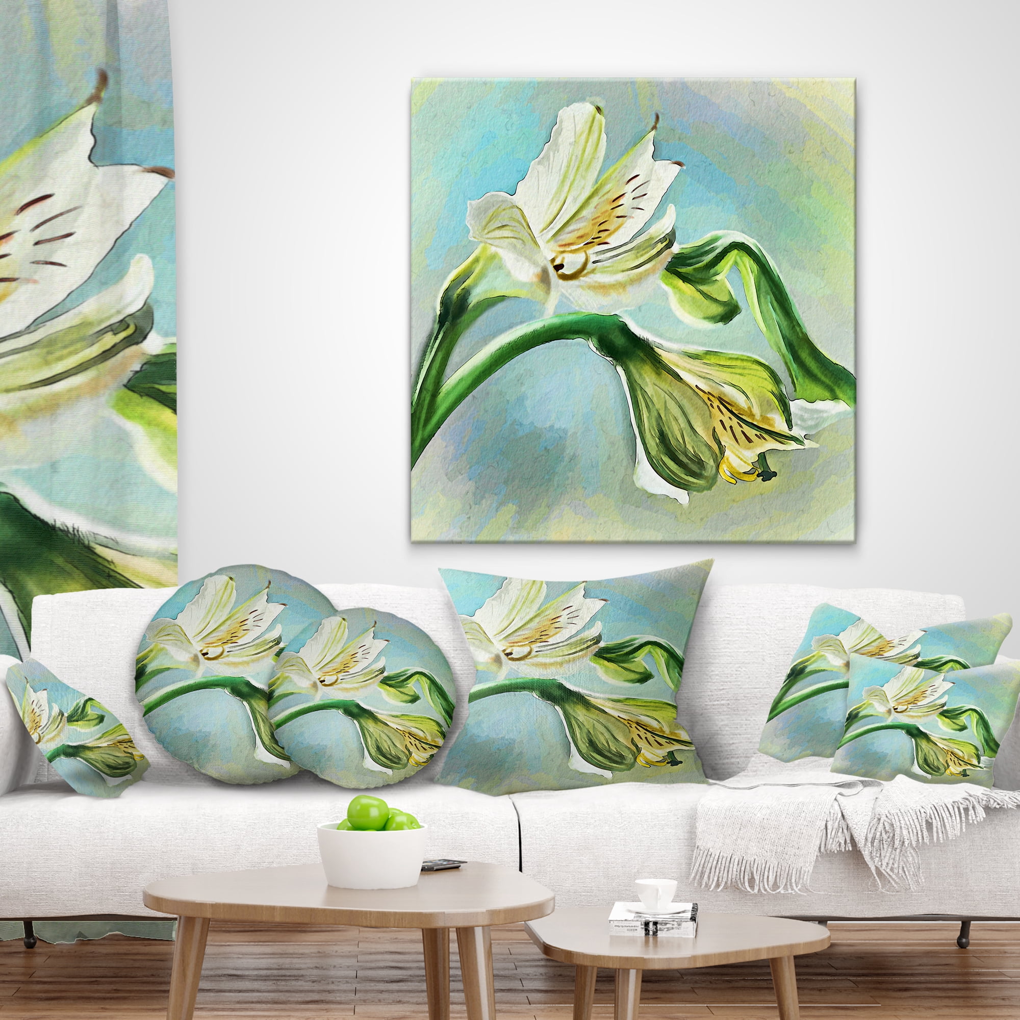 Designart White Lily Flower Sketch Watercolor - Floral Throw Pillow - 18x18