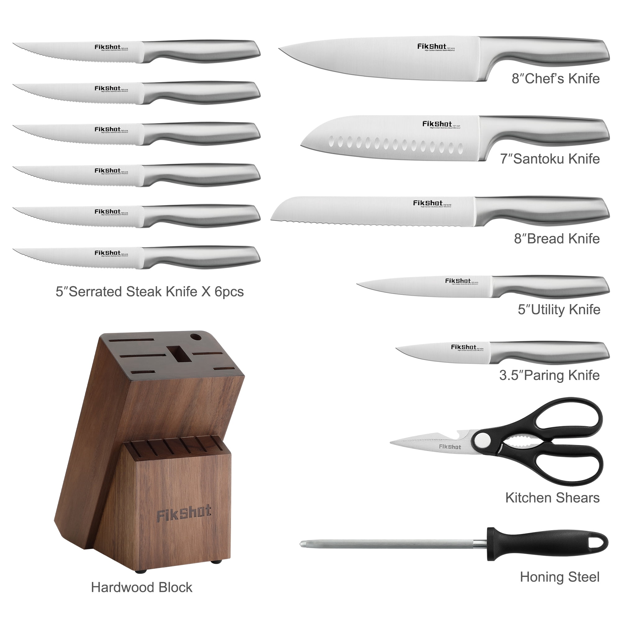 14Pieces High Carbon Steel Kitchen Knife Set with Wood Block & Sharpener, Rust-Resistant Professional Chef Knives for Cooking, Grilling & Gifting