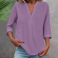 thumbnail image 2 of WTOBBY Women's Loose Fit V-Neck Button Down 3/4 Sleeve Tops, Cute Solid Summer Beach Tee Shirts, Casual Linen Blouse for Comfortable Wear,Purple 2XL, 2 of 5