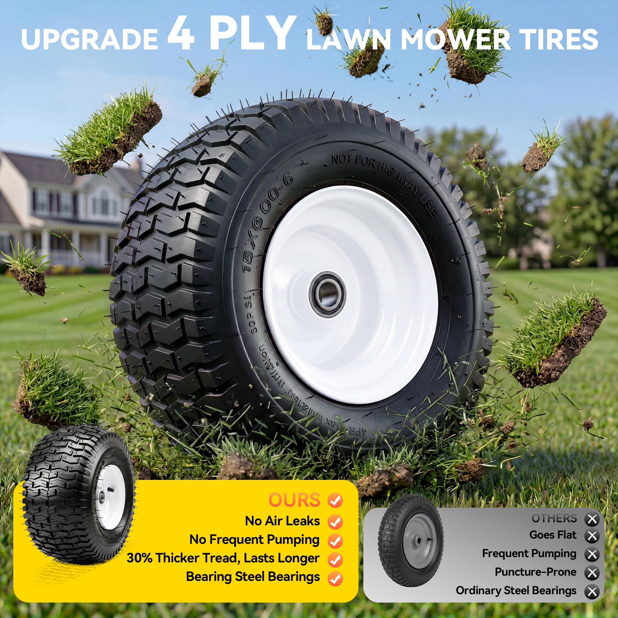Uforic 15x6.00-6 Lawn Mower Tire & Wheel Assembly, 4 Ply Pneumatic Replacement Front Tires, 570 LBS Load Capacity, 3" Centered Hub 3/4" Bearings, Fits John Deere Riding Lawn Tractors, Set of 2