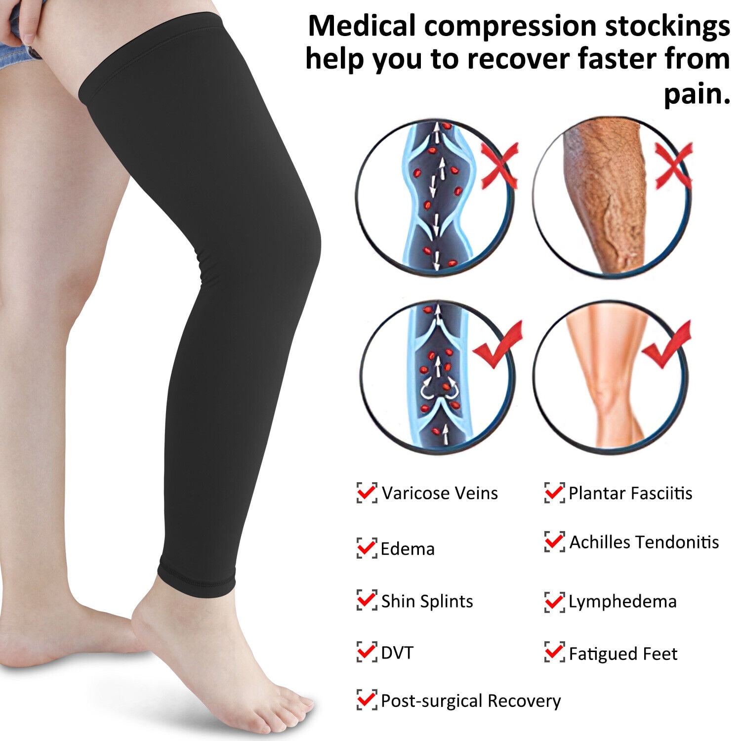 Htwon Men Women Calf Leg Support Varicose Veins Knee Compression Sleeve Socks Stocking