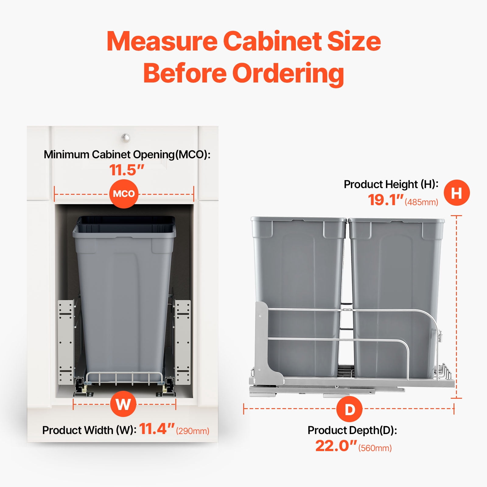 VEVOR Pull-Out Trash Can, 27 QT x2 Double Under Mount Kitchen Waste Container, Heavy Duty Garbage Recycling Bin with Door Kit and Soft Close Slide, for Kitchen Cabinet, Sink, Under Counter (Grey)